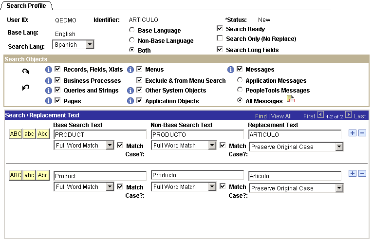 Define Search Criteria - Search Profile page