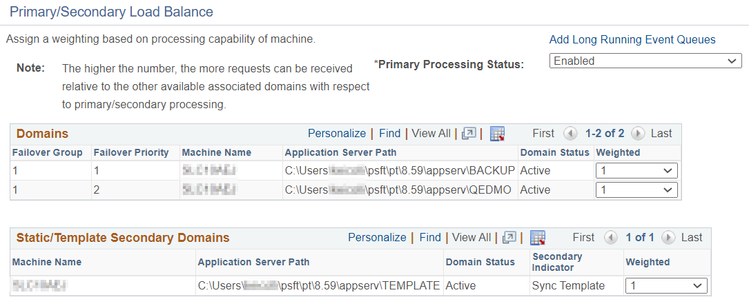 Primary/Secondary Load Balance page