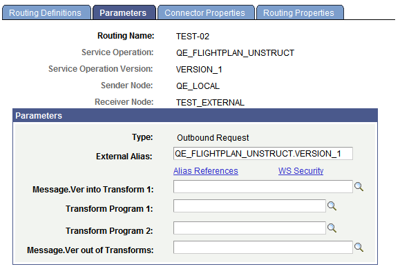 Routings - Parameters page