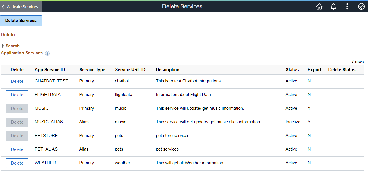 Delete Application Services page