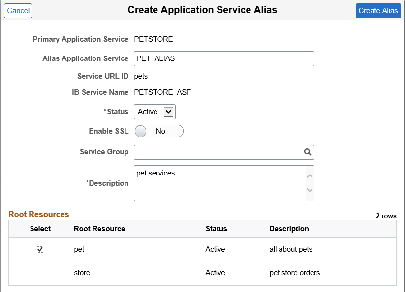 Create Application Service Alias page