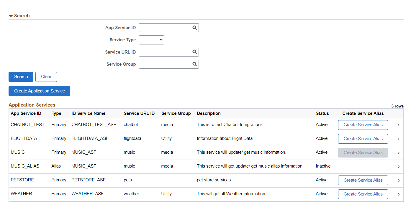 Application Services Search page