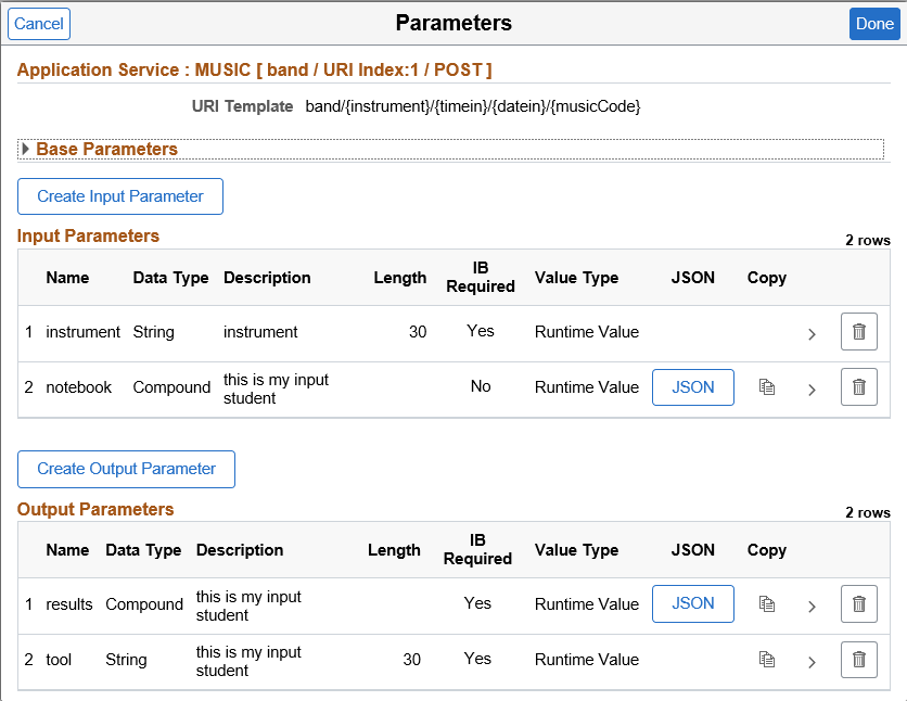 Parameter page showing input and output parameters