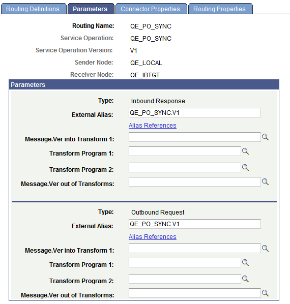 Routings - Parameters page