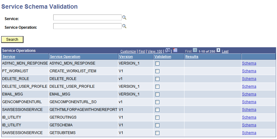 Service Schema Validation page