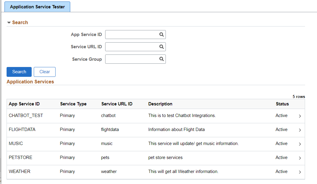 Application Service Tester page