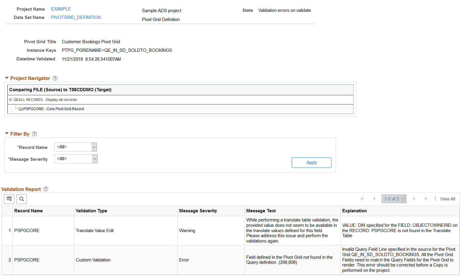 Validation Report page