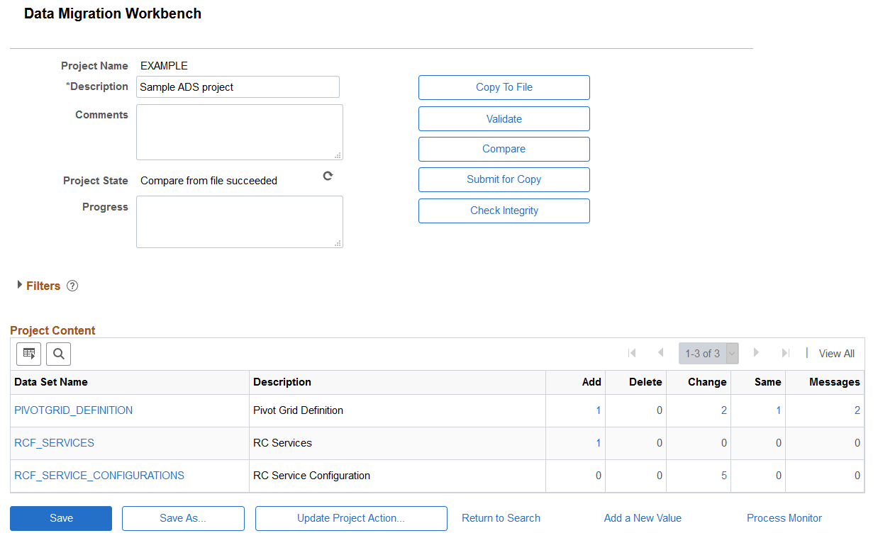 Project Summary page showing compare results