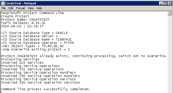 Example of log for creating a project