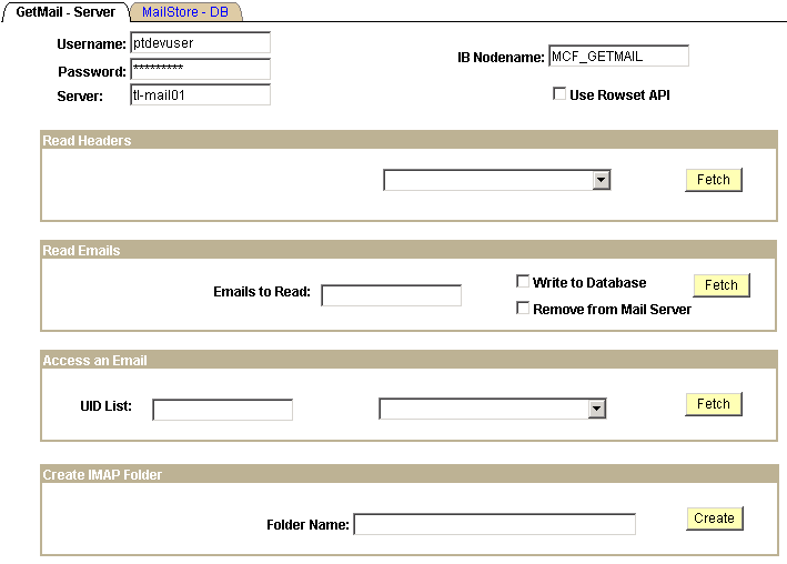 The GetMail - Server page having the following editable fields: User Name, Password, IB Nodename, Use Rowset API, Read Headers, Emails to Read, Write to Database, Remove from Mail Server, UID List, and IMAP Folder Name.