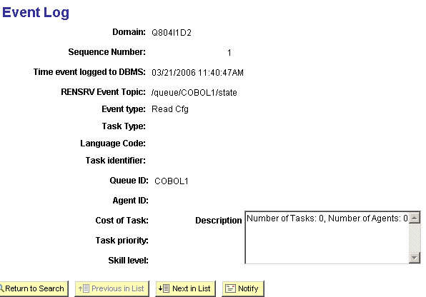 The Event Log page displaying the Domain, Sequence Number, Time vent Logged to DBMS, RENSRV Event Topic, Event Type, Task Type, Language Code, Task Identifier, Queue ID, Agent ID, Cost of Task, Task Priority and Skill Level fields. This page allows you to enter a description.