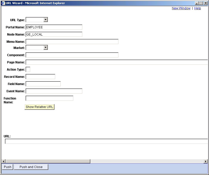 A URL Wizard page having the following editable fields - URL Type, Portal Name, Node Name, Menu Name, Market, Component, Page Name, Action Type, Record Name, Field Name, Event Name, Function Name and URL