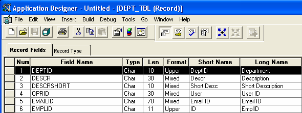 Application Designer window - NVS_DEPT_VIEW record