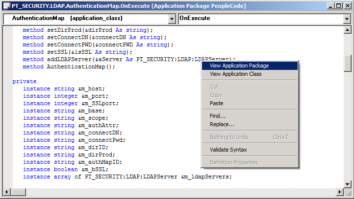 Context menu with options to view application packages and classes