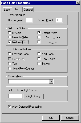 Setting row insert properties in page field properties for a scroll bar