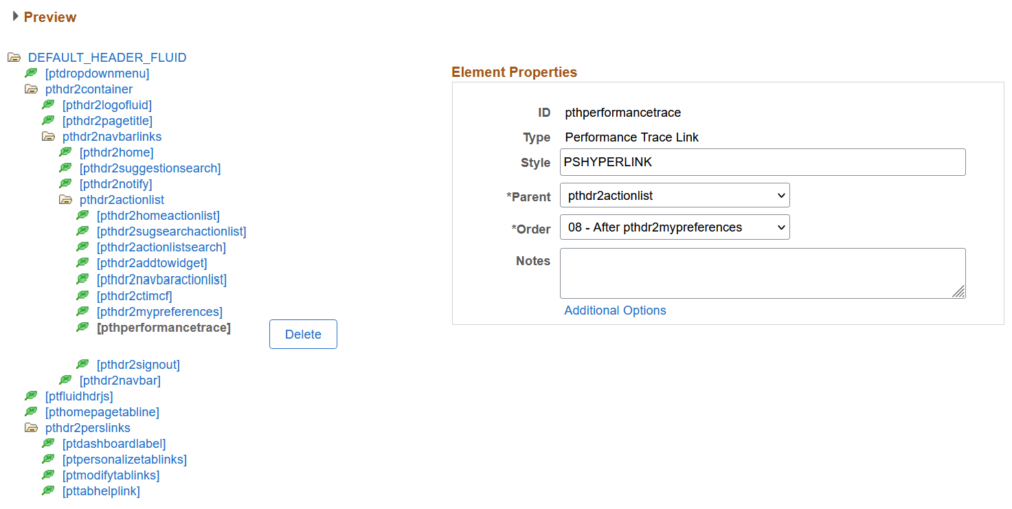 Performance Trace link element added to header