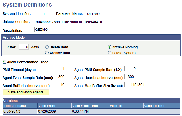 System Definitions page