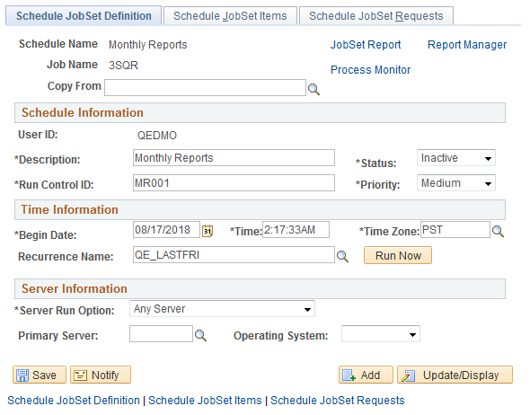 Schedule JobSet Definition page