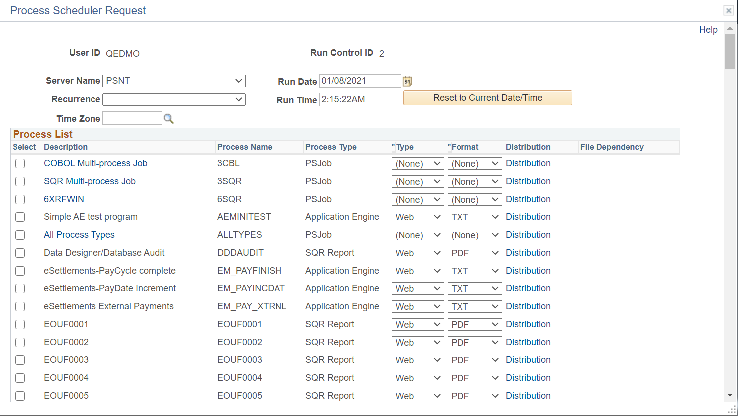 Process Scheduler Request page