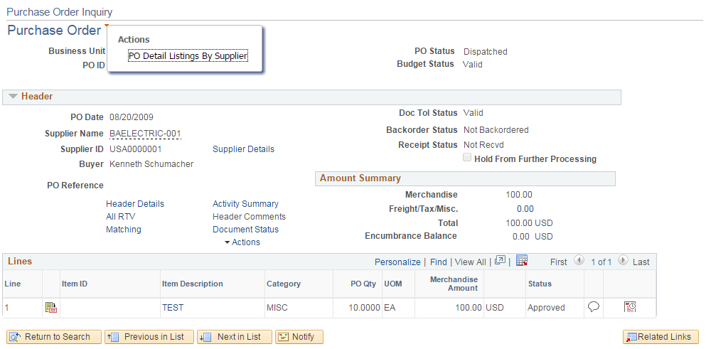 Purchase Order Inquiry page