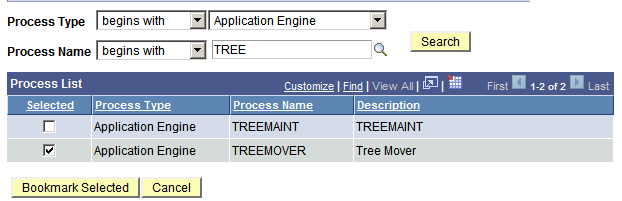 Process List for selecting bookmarks