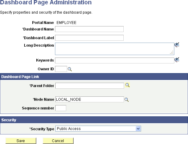 Dashboard Page Administration page