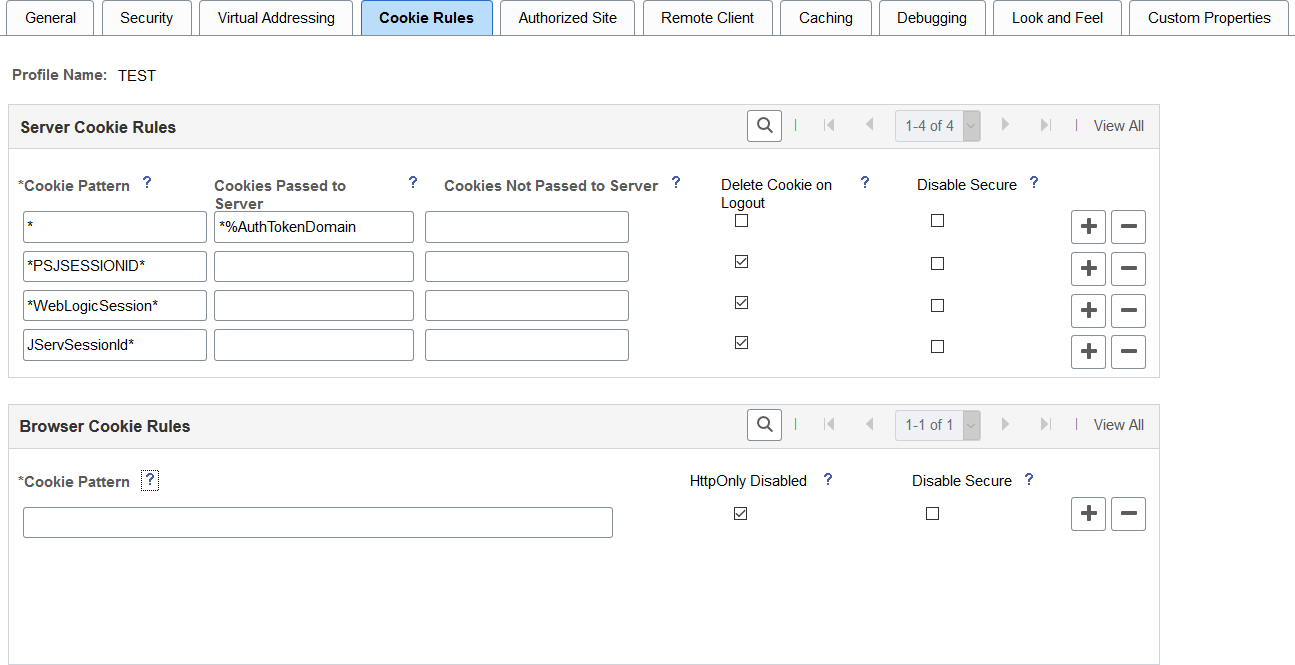 Web Profile Configuration - Cookie Rules page