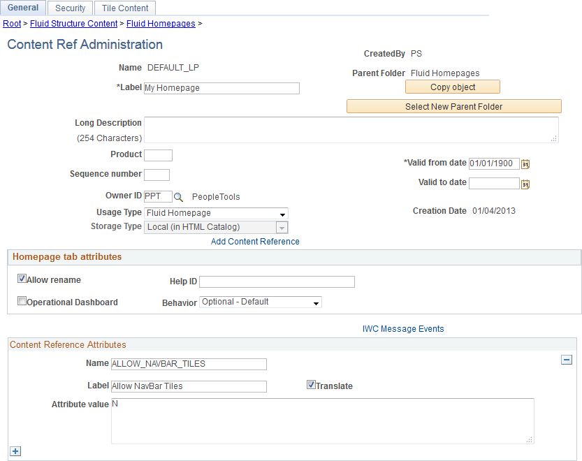 Content Ref Administration page for a fluid homepage definition