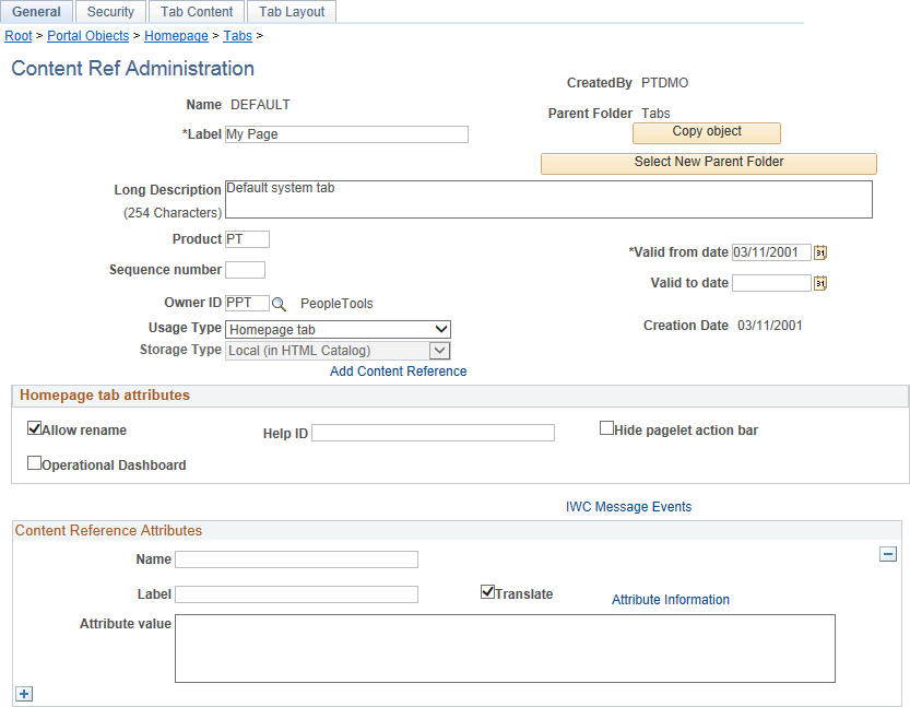 Content Ref Administration page for a classic homepage definition