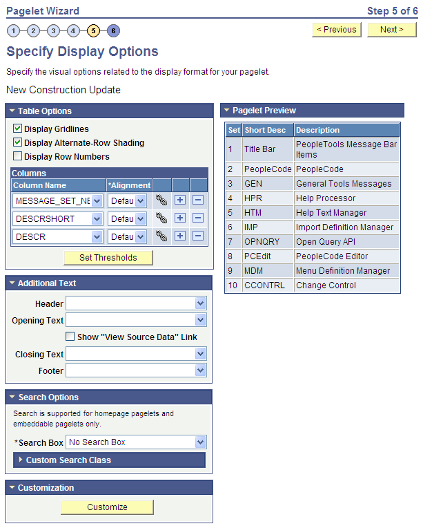 Specify Display Options page - Table display format