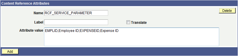 Content Reference Administration page showing the RCF_SERVICE_PARAMETER attribute