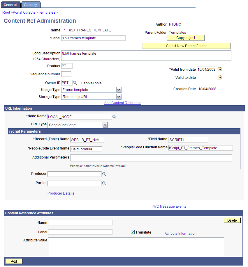 Defining a frame-based dynamic template on the portal administration pages