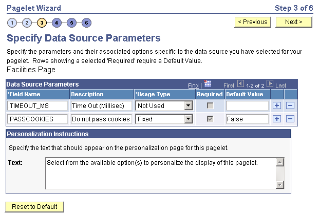 Specify Data Source Parameters page