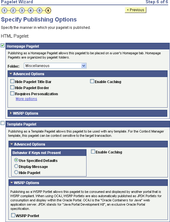 Specify Publishing Options page (1 of 2)