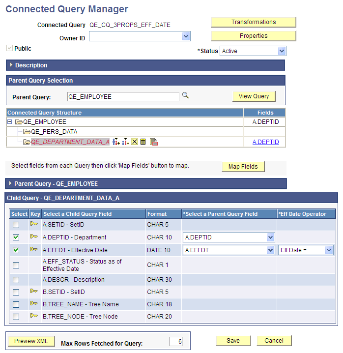 Connected Query Manager page and the Eff Date Operator list