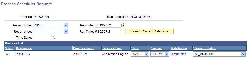 Process Scheduler Request page, XFORM format