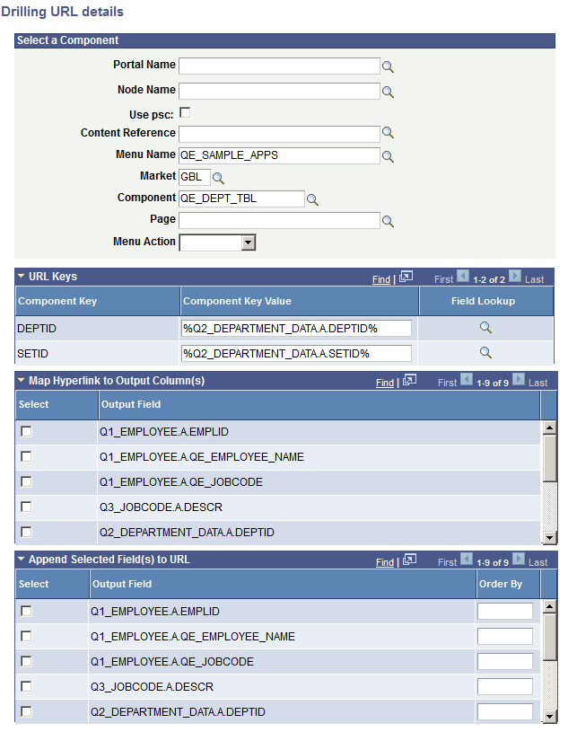 Drilling URL Details - Select a Component page