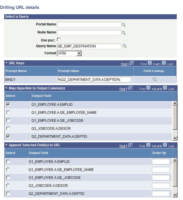 Drilling URL Details - Select a Query page