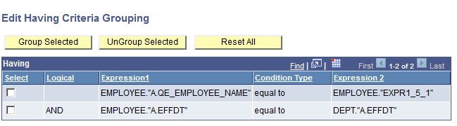 Edit Having Criteria Grouping page