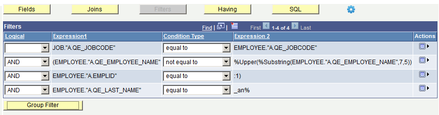 Composite Query Manager page - filters are grouped