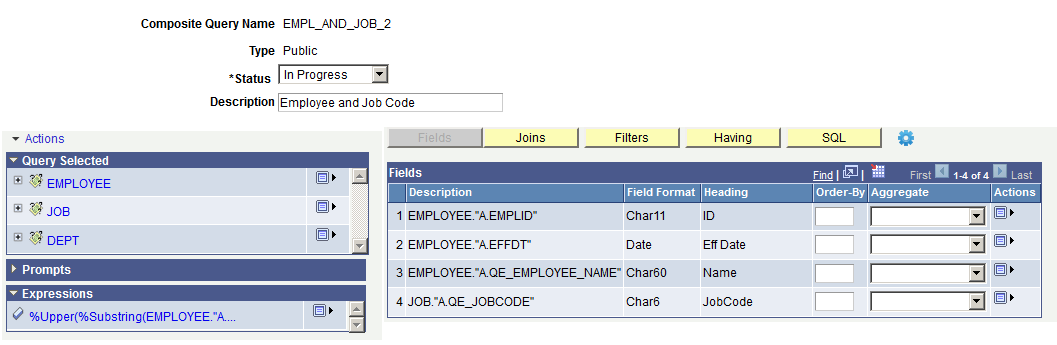 Composite Query Manager page - Expressions section