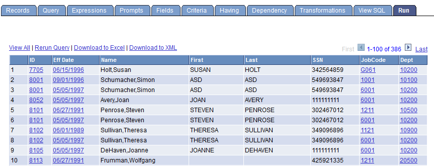 Run page with query results as links