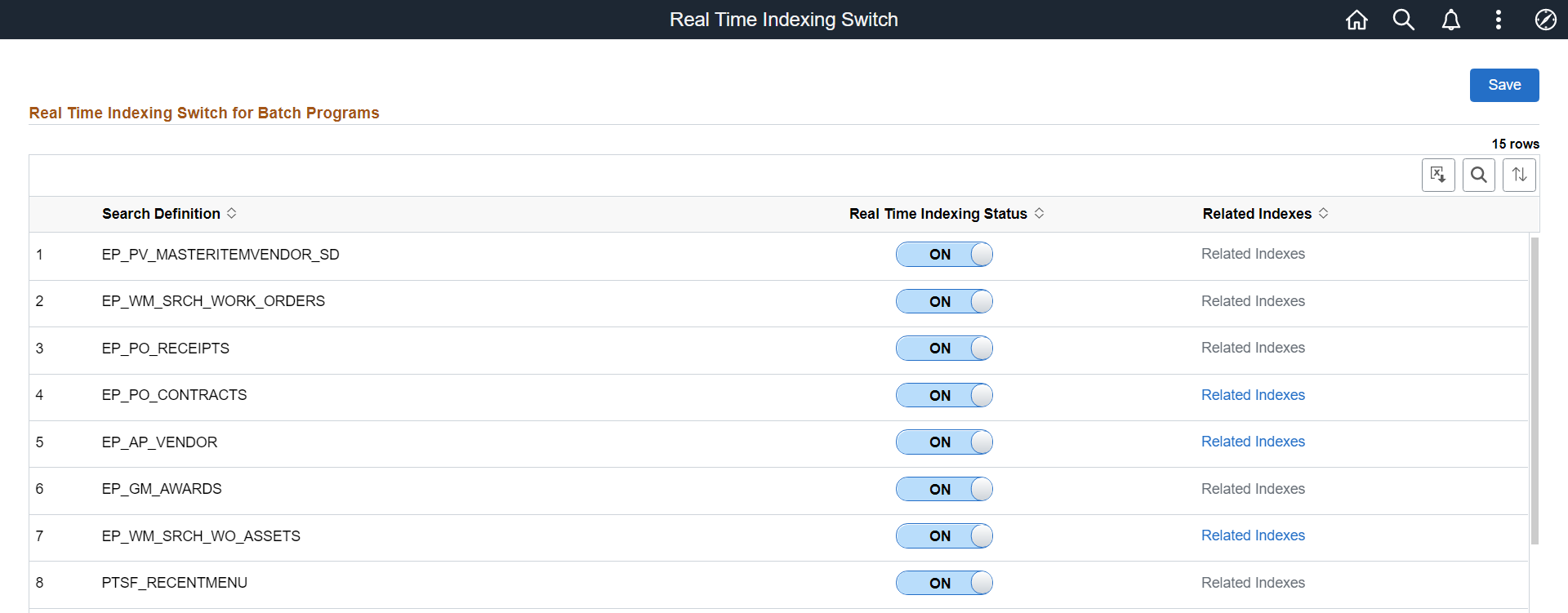 Real Time Indexing Switch Page