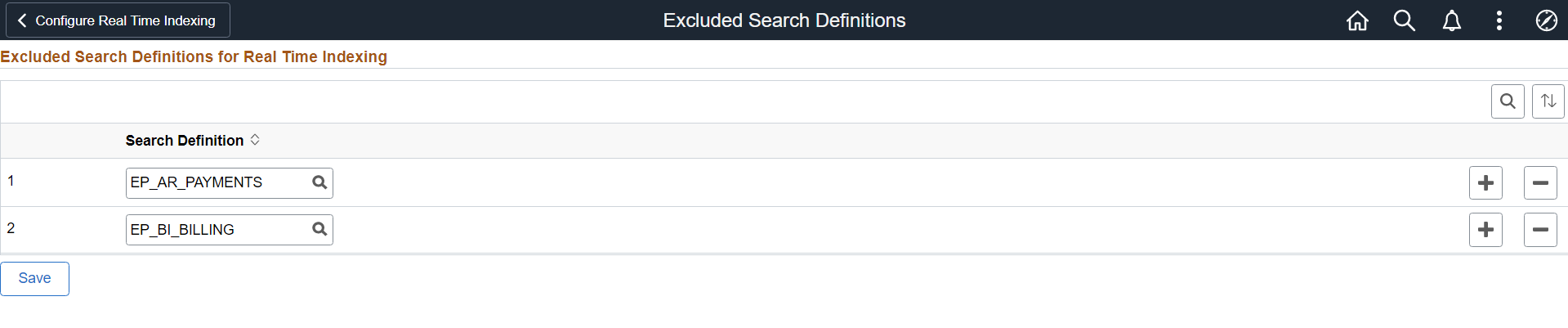 Excluded Search Definitions page