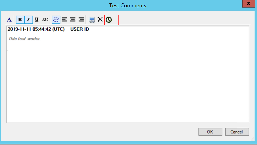 Test Comments dialog box