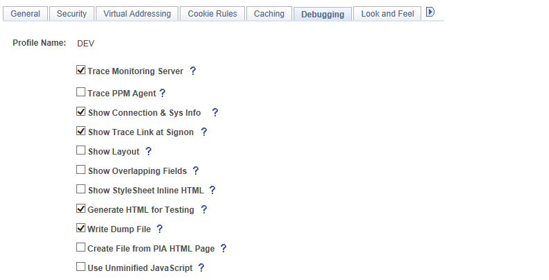 Web Profile Configuration - Debugging page