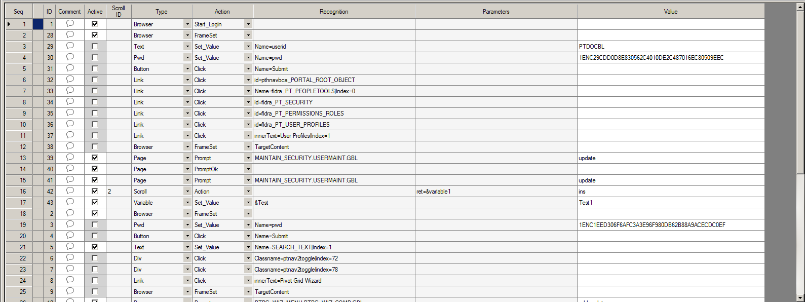 Example of test steps