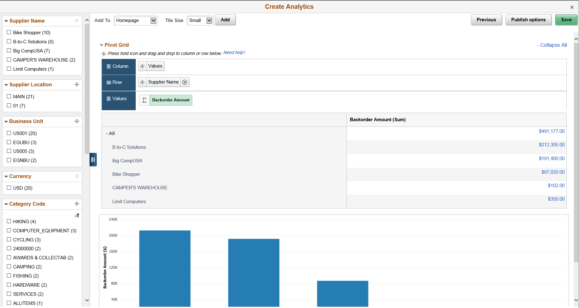 Create Analytics Step 3 with options to select tile size and display region