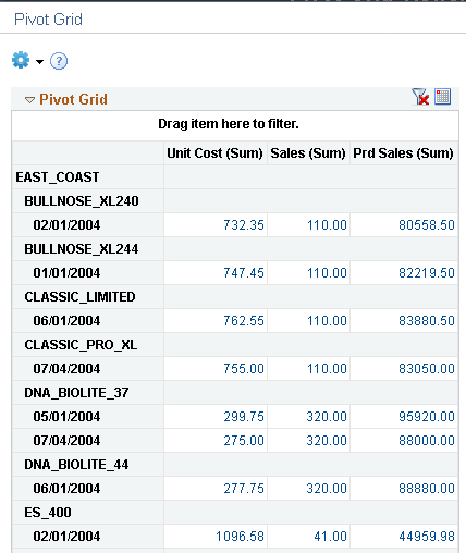 Displaying the pivot grid, after a filter is dragged to a row.