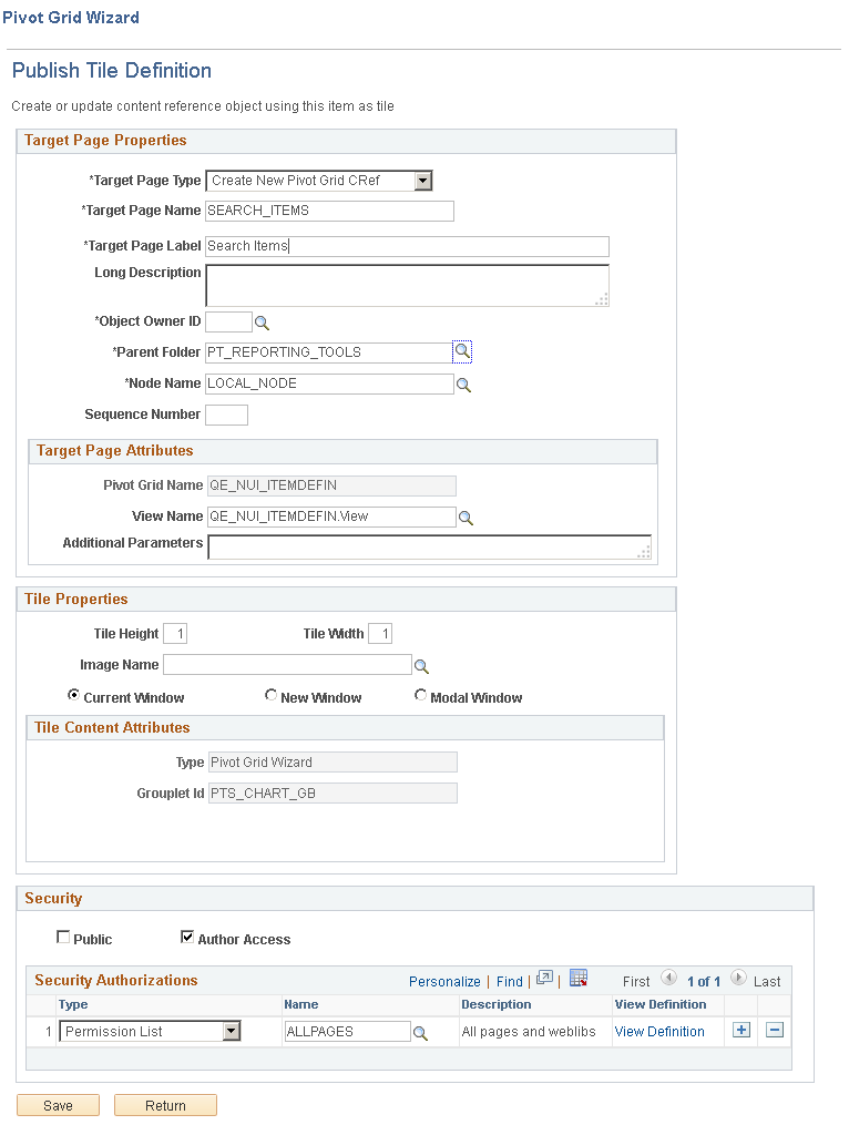 Publish Tile Definition page